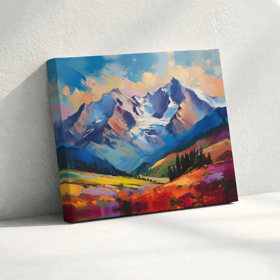 Mountain Landscape Canvas Wall Art | Vibrant Impasto Style Oil Painting | Premium Gallery Wrapped Print | Modern Living Room Home Decor Gift