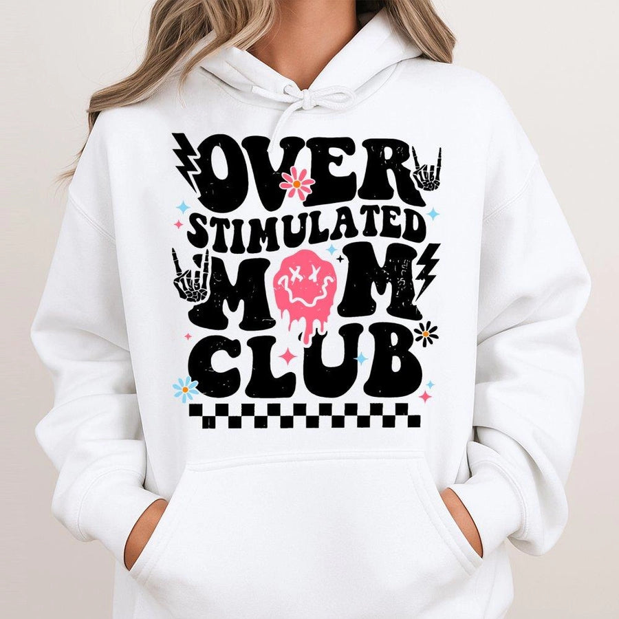 Overstimulated Mom Club Hoodie | Retro Aesthetic Graphic Sweatshirt | Premium Cotton-Blend | Trendy Gift For Tired Moms & New Parents