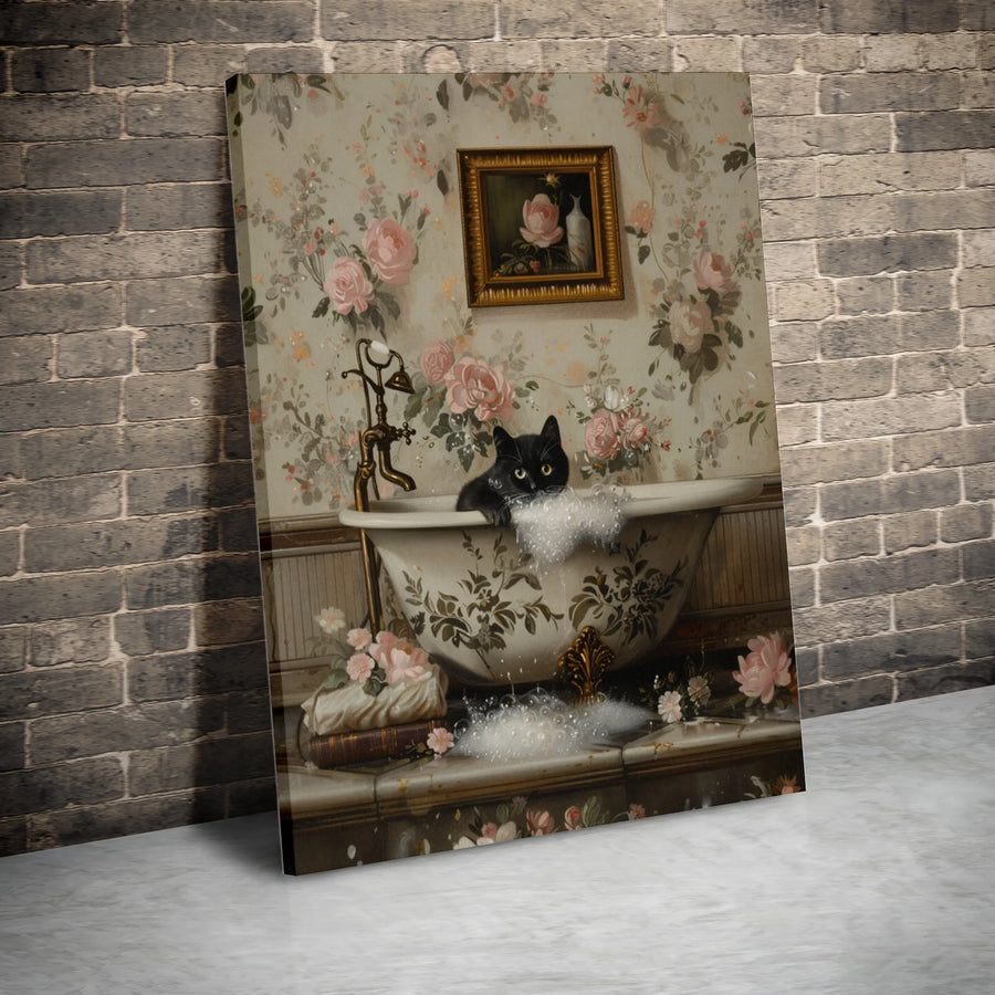 Black Cat in Bathtub Canvas Art | Whimsical Floral Bathroom Painting | Premium Gallery Wrapped Canvas | Cottagecore Decor Gift for Cat Lover