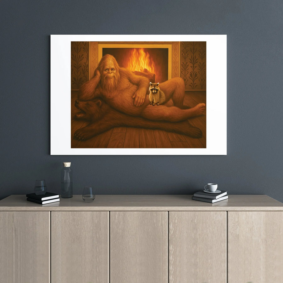 Bigfoot Wall Art | Humorous Sasquatch Seductive Fireplace Portrait | Premium Gallery-Wrapped Canvas | Unique Gift for Cryptid Lovers & Cabin Decor