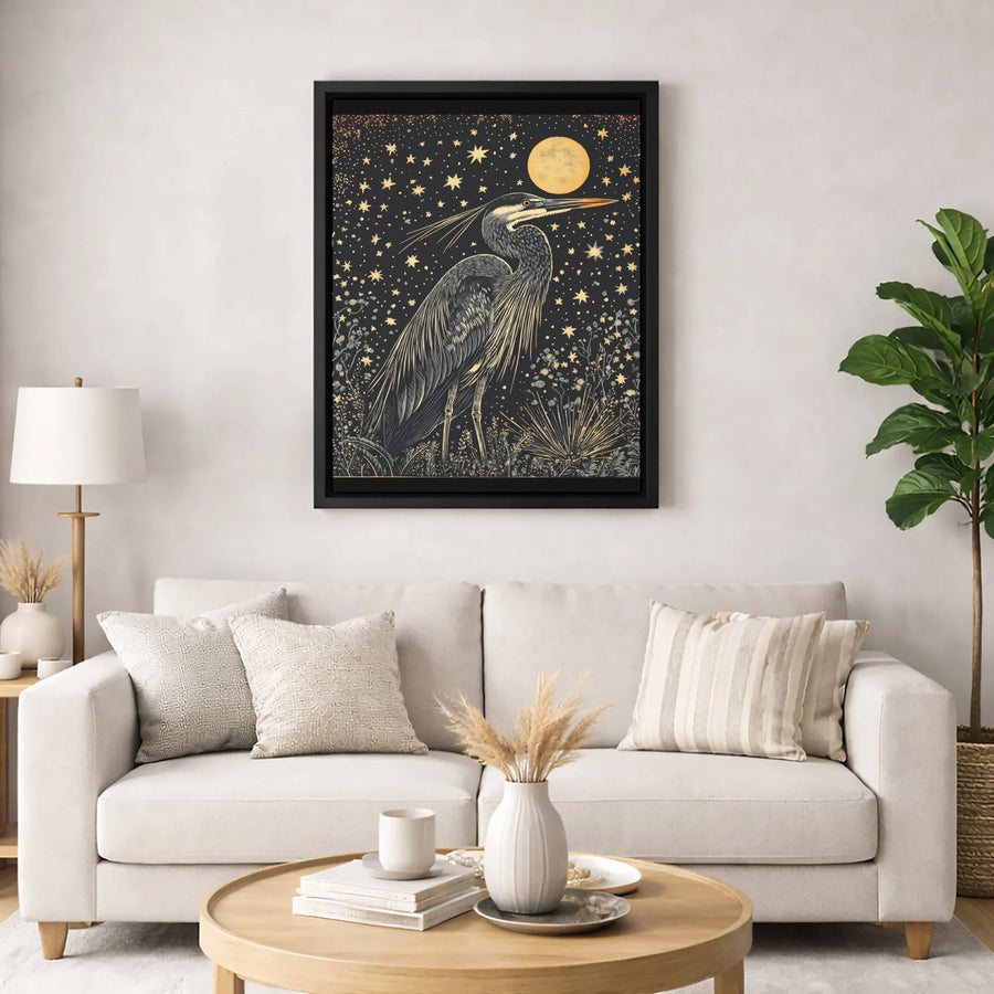 Great Blue Heron Canvas Wall Art | Celestial Moon and Stars Graphic | Gallery-Quality 1.25 Inch Thick Print | Nature Lover Home Decor Gift