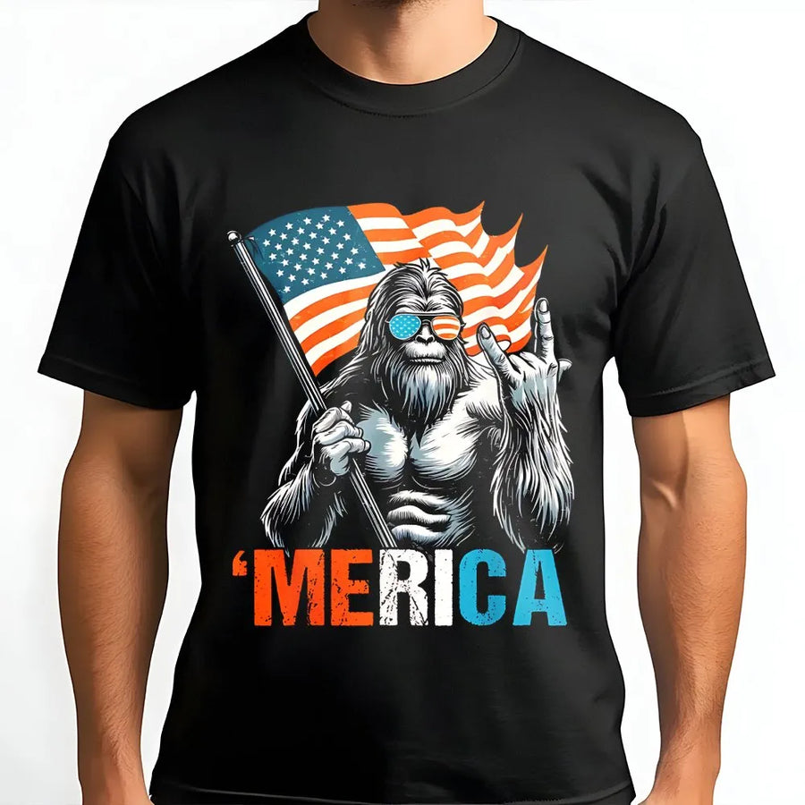 Bigfoot American Flag T-Shirt | Patriotic Sasquatch Rocking Graphic | 100% Premium Cotton | Funny 4th of July Gift for Men and Women
