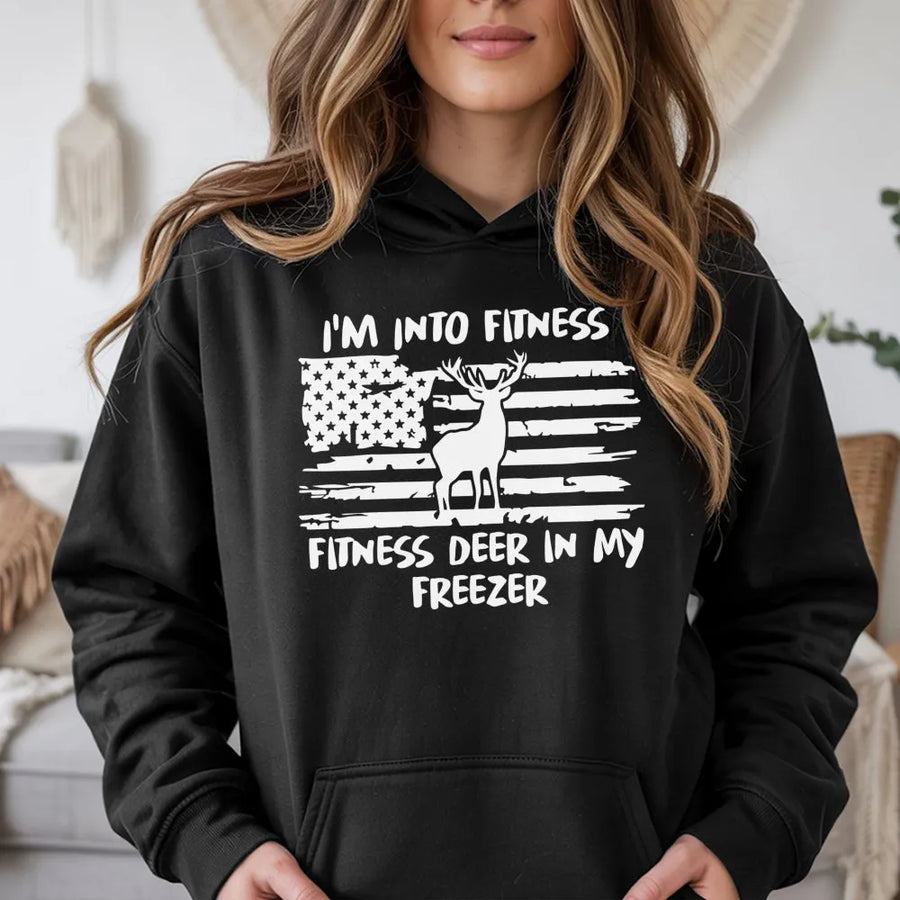 I'm Into Fitness Deer In My Freezer Hoodie | Funny American Flag Hunting Graphic | Premium Cotton Blend | Gift For Hunter Men And Women