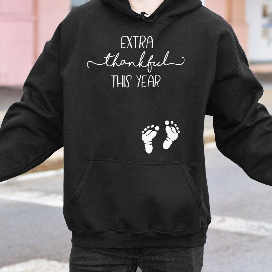 Extra Thankful This Year Hoodie | Baby Footprints Pregnancy Announcement | Premium Cotton Blend | Gift for Expecting Mom Thanksgiving Outfit