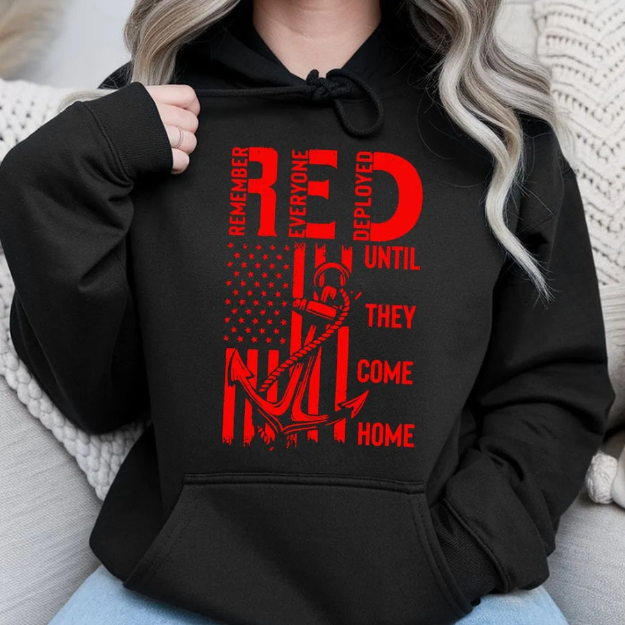 RED Friday Hoodie | Remember Everyone Deployed Flag & Anchor | Premium Cotton Blend | Patriotic Gift for Military Family & Veteran Support