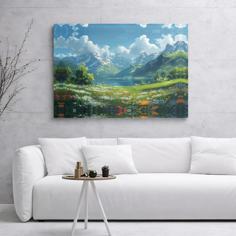 Mountain Lake Canvas Wall Art | Anime Style Wildflower Meadow Landscape | Premium Gallery Wrap 1.25" Depth | Nature Lover Home Decor Gift