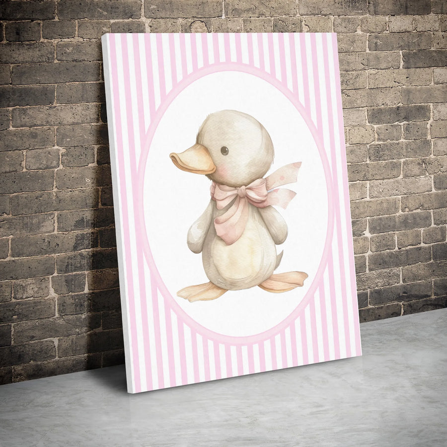 Baby Duck Wall Art | Watercolor Nursery Decor with Pink Bow | Premium Gallery Wrapped Canvas | Charming Gift for Baby Girl Room