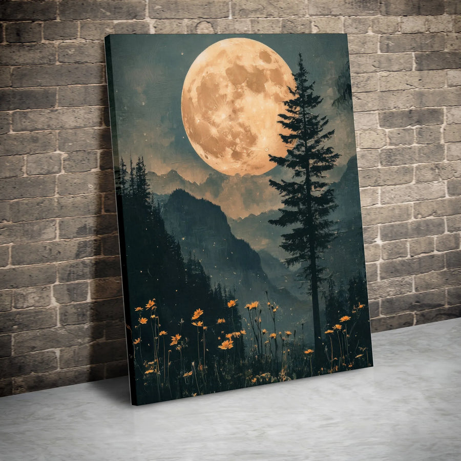 Full Moon Forest Vertical Canvas Wall Art | Moody Mountain Landscape & Wildflowers Print | Premium 1.25” Gallery Wrap | Nature Lover Home Decor Gift