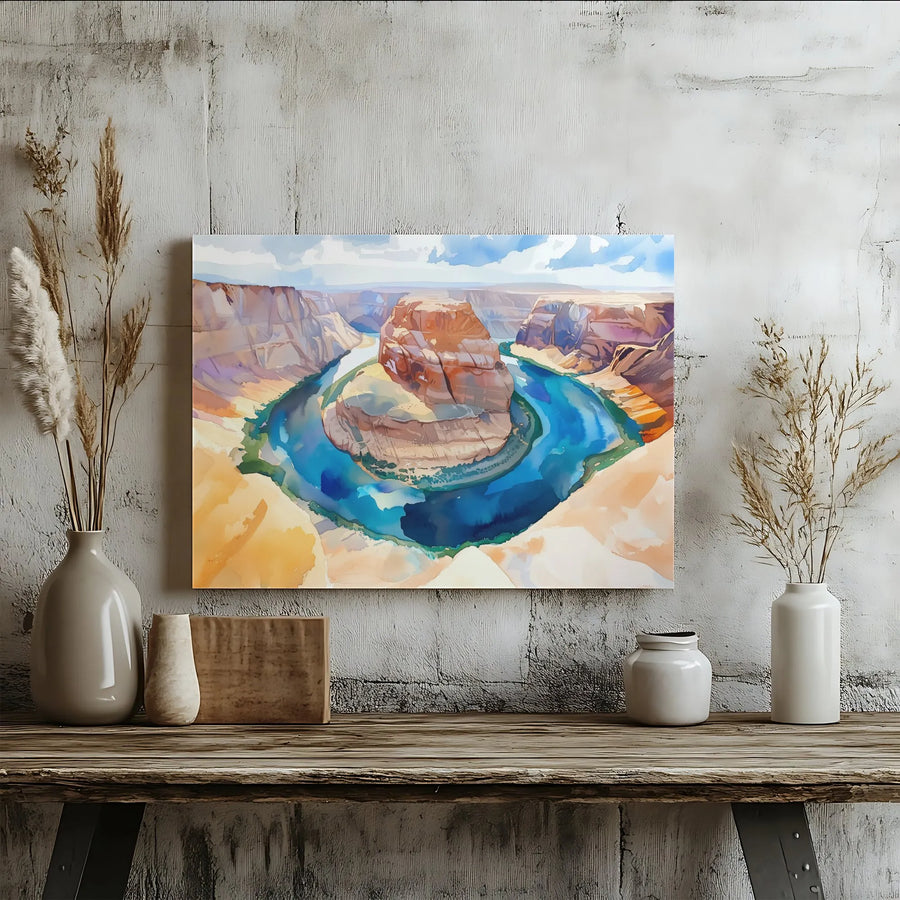 Horseshoe Bend Canvas Art | Watercolor Arizona Landscape Print | Premium 1.25" Gallery Wrap Wall Decor | Southwest Nature Gift for Home Office