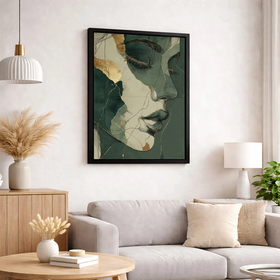 Abstract Woman Face Wall Art | Sage Green and Gold Line Drawing | Premium Gallery Wrapped Canvas | Elegant Minimalist Home Decor Gift
