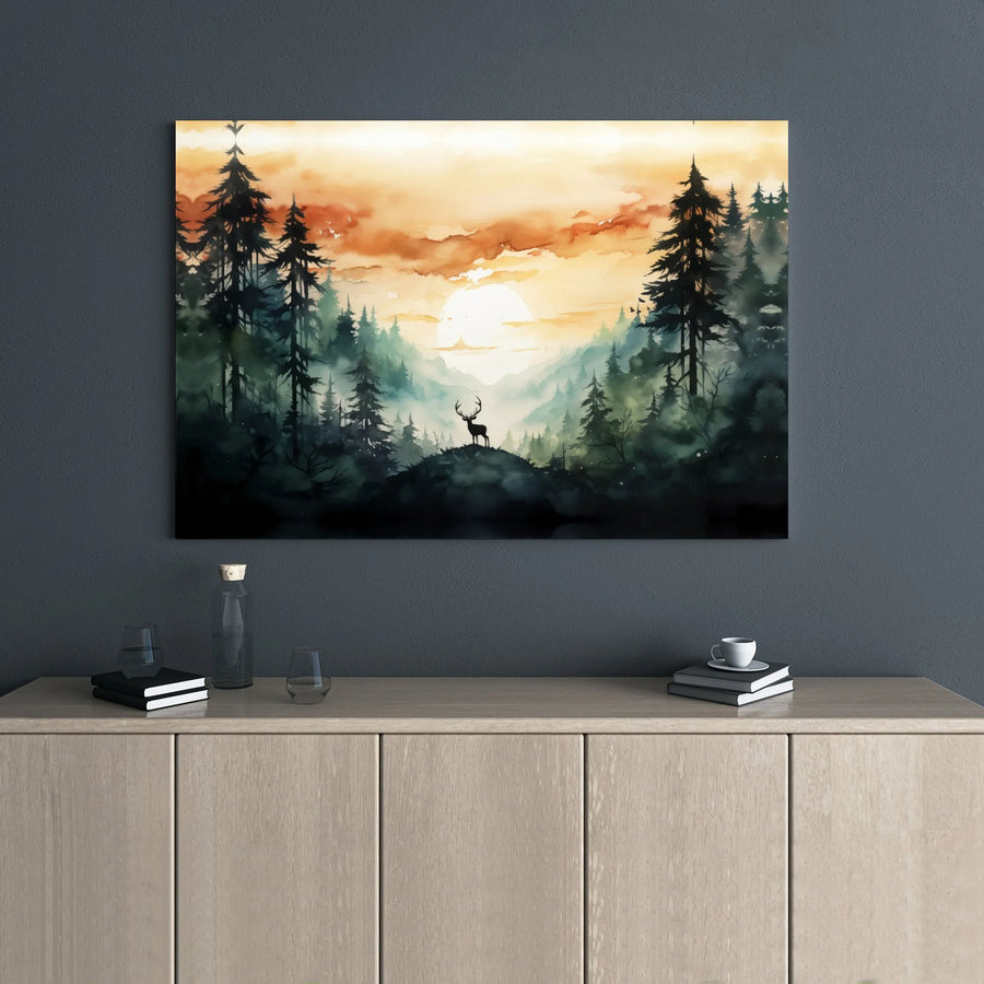 Watercolor Deer Canvas Art | Misty Forest Sunset Wall Decor | 1.25 Inch Gallery Wrap | Nature-Inspired Home Decor Gift