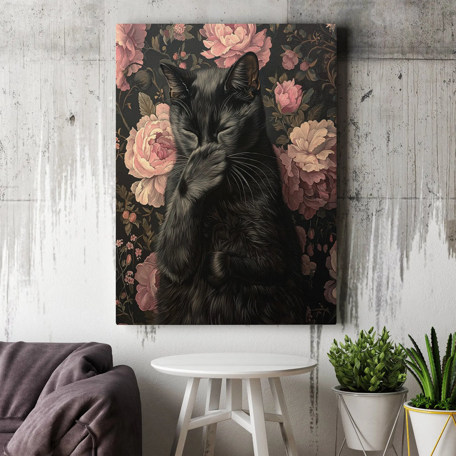 Black Cat Wall Art | Shy Kitty Covering Face Floral Canvas Print | Premium Gallery-Wrapped Decor | Unique Gift for Cat Lovers