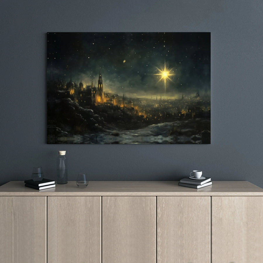 Star of Bethlehem Canvas Print | Nativity Wintry Cityscape Art | Premium Gallery-Wrapped Wall Decor | Religious Christmas Home Gift