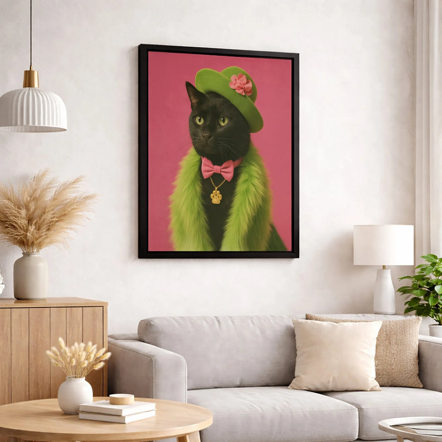 Black Cat Wall Art | Whimsical Pet Portrait with Green Fur Boa | Premium Gallery-Wrapped Canvas | Quirky Animal Lover Gift