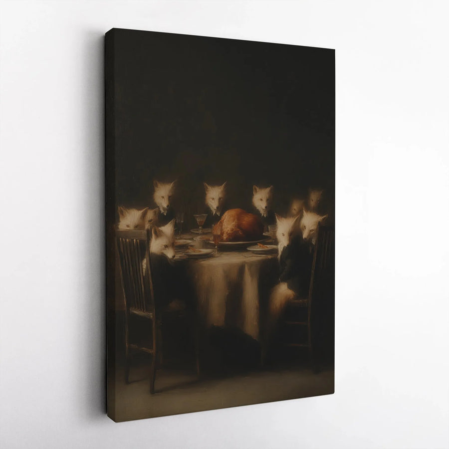 Fox Dinner Party Canvas Wall Art | Surreal Whimsical Animals in Suits | Premium Gallery Wrap Print | Unique Gift for Animal Lovers