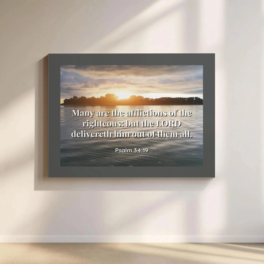 Psalm 34:19 Canvas Wall Art | Scripture Bible Verse Sunset Print | Premium Gallery Wrap Decor | Inspirational Christian Gift for Home Office