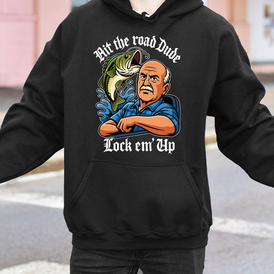Fishing Hoodie | Hit The Road Dude Bass Fisherman Graphic | Soft Cotton Blend | Funny Retirement Gift for Men and Grandpa