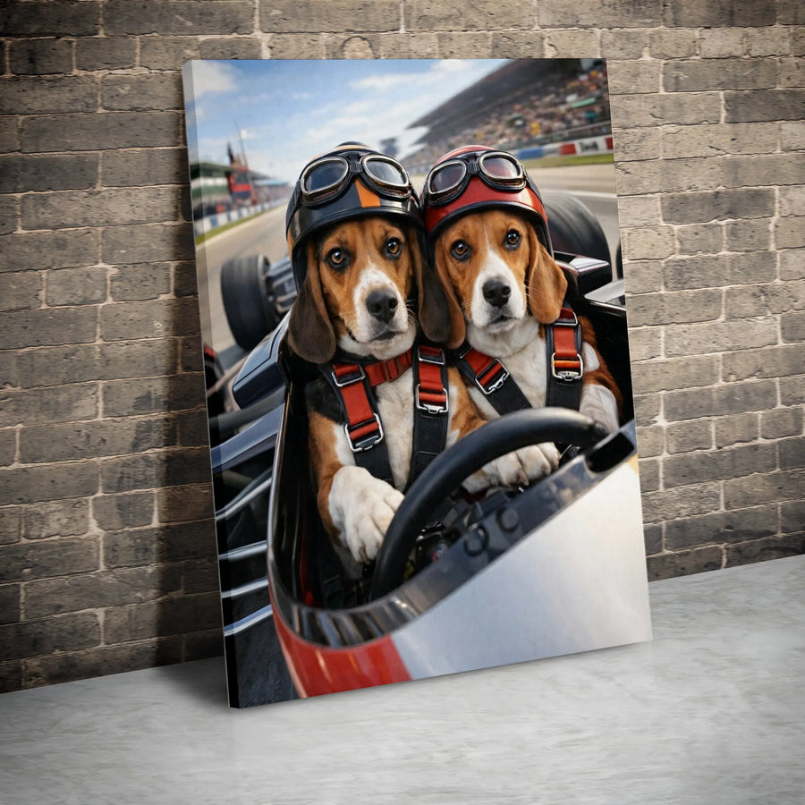 Funny Beagle Dogs Racing Vertical Canvas | Cute Puppies in Helmets & Goggles Racetrack Art | Premium 1.25" Gallery Wrap Fade-Resistant Wall Art | Cool Gift for Dog Lovers & Racing Fans