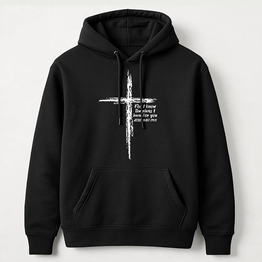 Jeremiah 29:11 Hoodie | Minimalist Cross Bible Verse Graphic | Premium Cotton Blend | Christian Gift for Men and Women of Faith