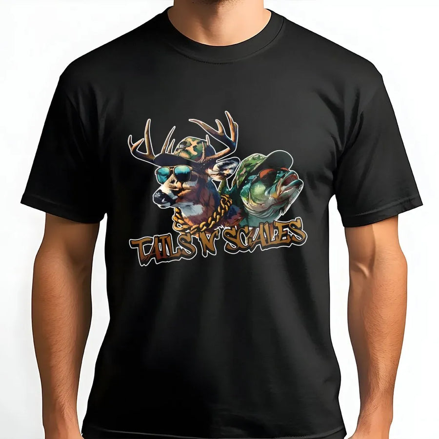 Tails N Scales T-Shirt | Funny Hunting and Fishing Graphic | Premium Soft Cotton Unisex Tee | Gift for Outdoor Enthusiasts and Anglers