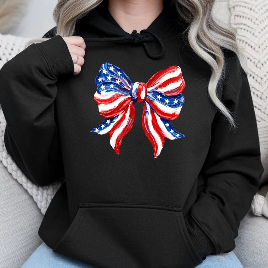 Patriotic Bow Hoodie | Coquette USA Flag Graphic | Soft Cotton Blend Crewneck | 4th of July Gift for Her