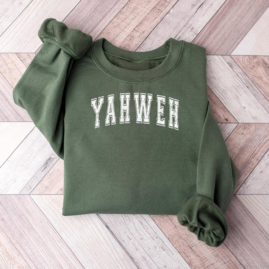 Yahweh Sweatshirt | Distressed Varsity Letter Print | Premium Cotton-Blend Fleece | Christian Faith Gift for Men and Women