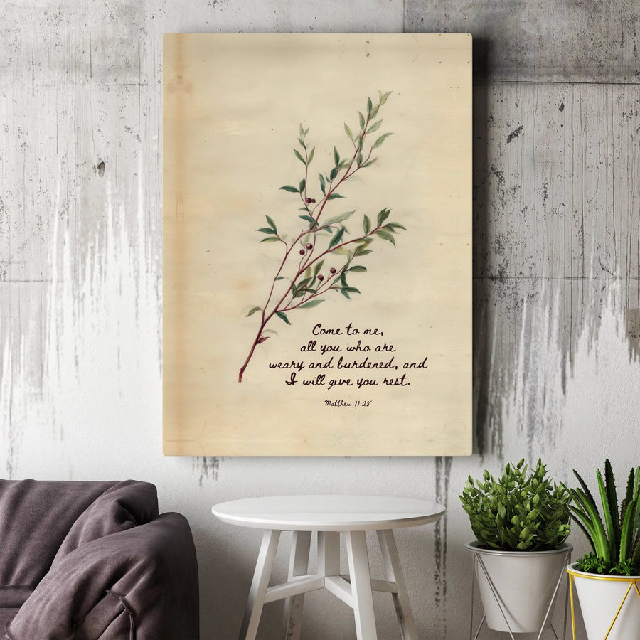 Matthew 11:28 Bible Verse Canvas | Vintage Botanical Scripture Art | Premium Gallery-Wrapped Print | Christian Inspirational Gift