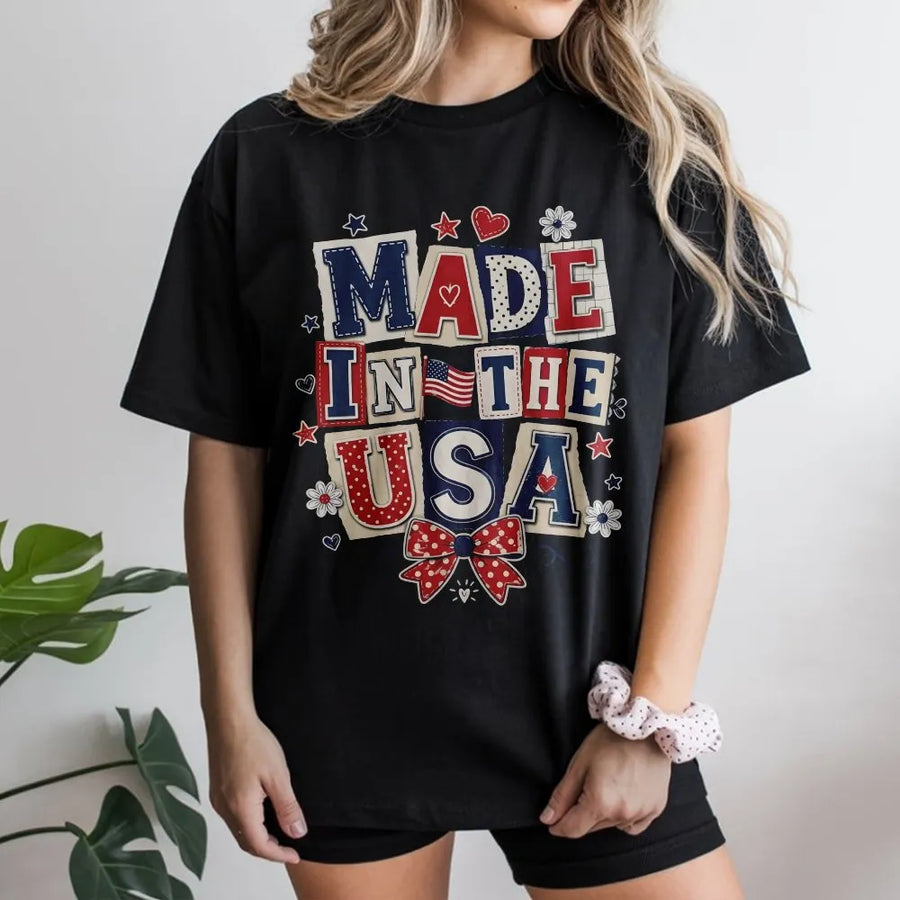 Patriotic USA T-Shirt | Coquette Collage Made in USA Graphic | Premium Cotton Blend | 4th of July Independence Day Gift for Men & Women