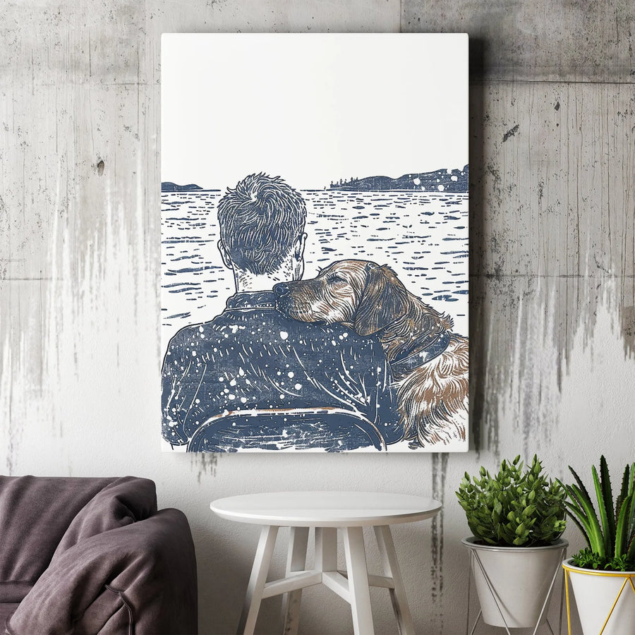 Man and Dog Canvas Wall Art | Lakeside Companion Sketch Print | Premium Gallery Wrapped Canvas | Gift for Dog Dad