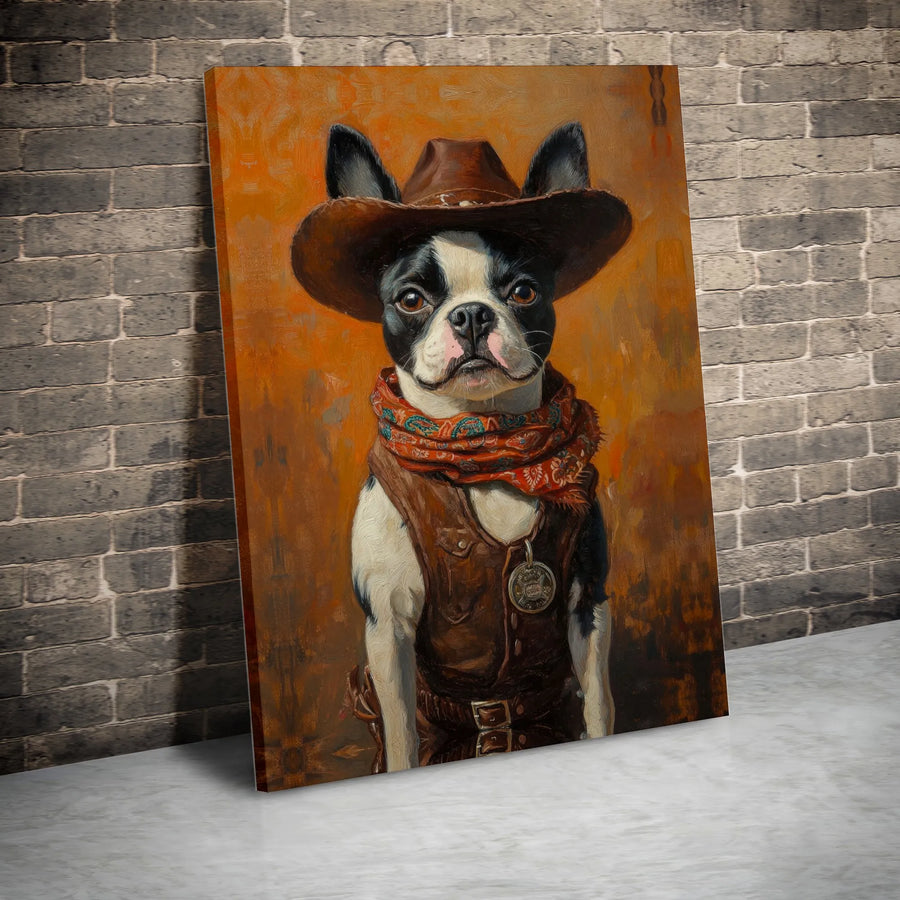 Boston Terrier Cowboy Canvas Wall Art | Western Sheriff Dog Portrait | Premium Gallery Wrapped Canvas | Gift for Dog Lover, Rustic Farmhouse Decor