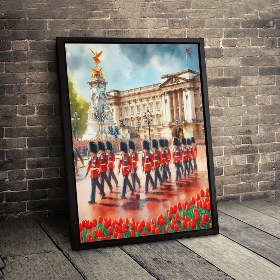 London Royal Guards Canvas Print | Buckingham Palace Watercolor Wall Art | Premium 1.25-Inch Gallery Wrap | Travel Decor Gift for England Lovers
