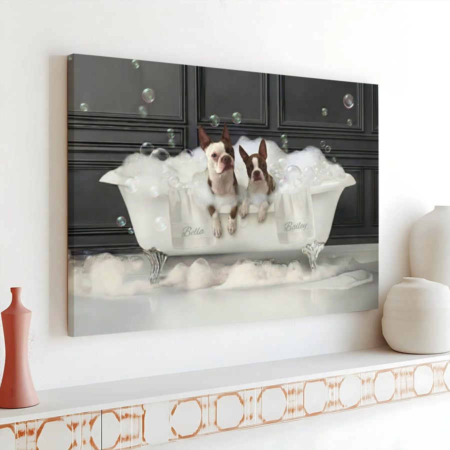 Boston Terrier Wall Art | Funny Dogs in Bathtub Canvas Print | Premium Gallery Wrapped Canvas | Unique Gift for Dog Lover