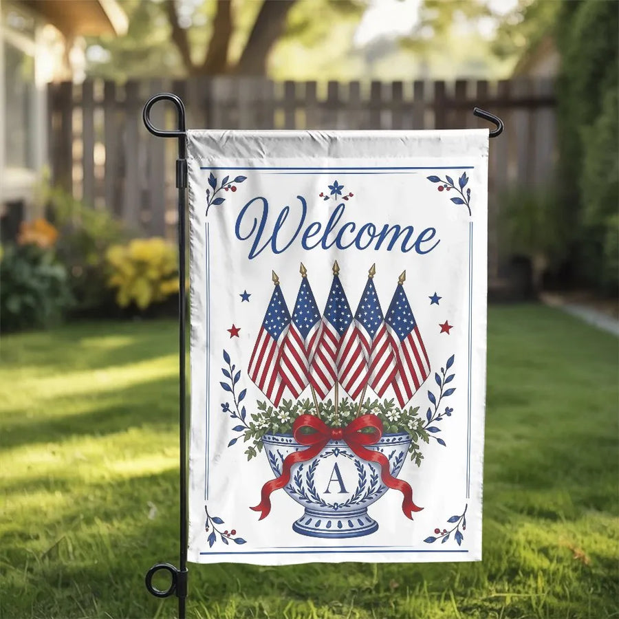 Patriotic Chinoiserie Welcome Garden Flag | American Flags in Blue and White Monogram Vase | Double Sided Premium Polyester | Memorial Day 4th of July Outdoor Yard Gift
