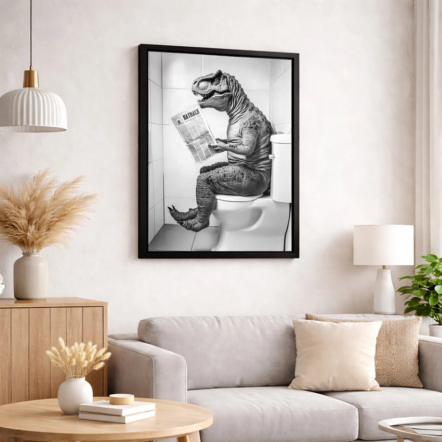 T-Rex Bathroom Wall Art | Funny Dinosaur Reading Newspaper | Premium 1.25-Inch Gallery Wrap Canvas | Unique Home Office Decor Gift