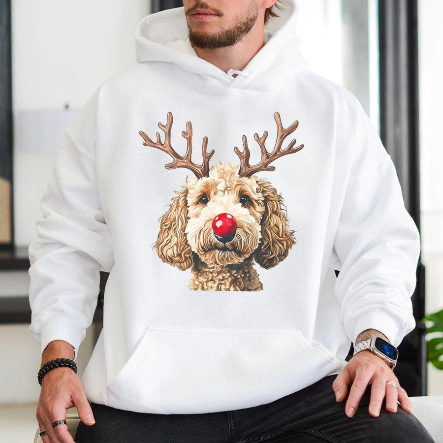 Reindeer Goldendoodle Hoodie | Cute Christmas Dog Graphic | Premium Cotton Blend Unisex Sweatshirt | Festive Holiday Gift for Dog Lovers