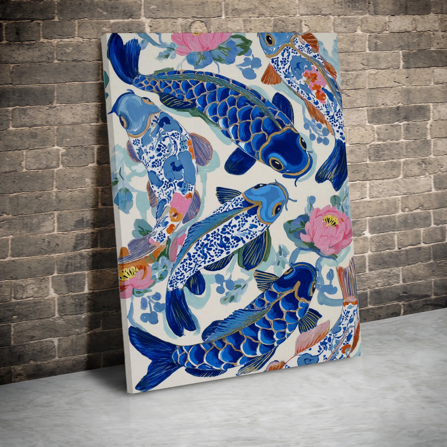 Japanese Koi Fish Canvas Print | Chinoiserie Style Lotus Flower Art | Premium Gallery Wrapped Canvas | Zen Style Home Decor Gift
