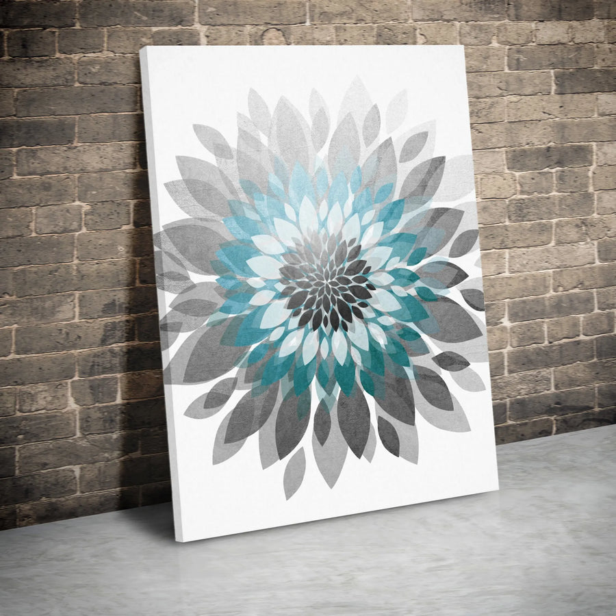 Abstract Floral Canvas Wall Art | Modern Teal and Gray Geometric Flower | Premium 1.25" Thick Gallery Wrap | Minimalist Home and Office Decor Gift