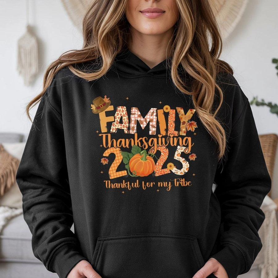 Family Thanksgiving 2025 Hoodie | Thankful For My Tribe Pumpkin Design | Premium Cotton-Blend Apparel | Matching Fall Holiday Gift For Family