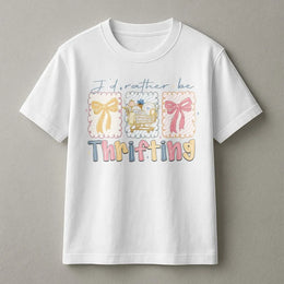 I'd Rather Be Thrifting T-Shirt | Retro Aesthetic Graphic Print With Bows | Premium Soft Cotton Tee | Cute Gift For Thrift Shoppers & Fashion Lovers