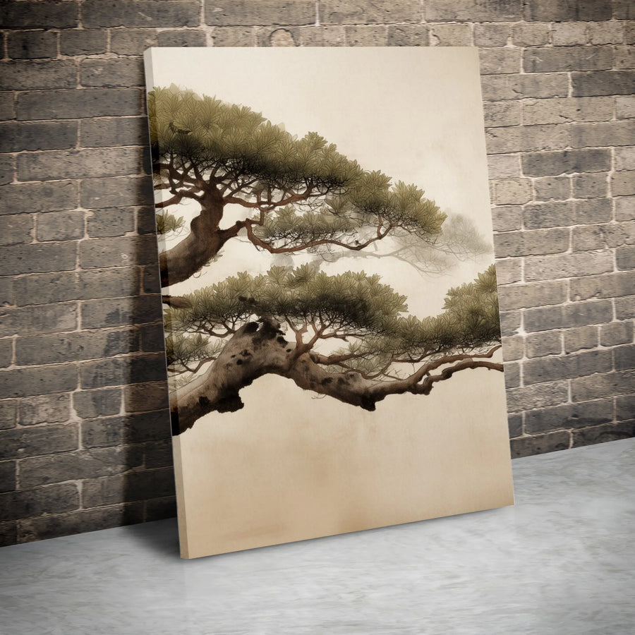 Japanese Pine Tree Vertical Canvas | Minimalist Sumi-e Art Print | Premium Thick Gallery Wrap | Zen Decor for Living Room & Office Gift