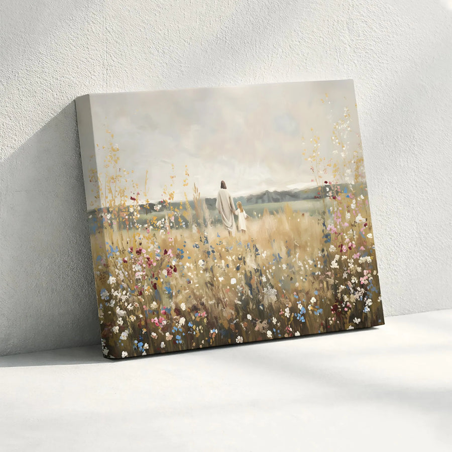 Jesus Walking With Child Canvas | Religious Wildflower Meadow Art | Gallery-Wrapped Premium Wall Decor | Christian Home Gift for Faith