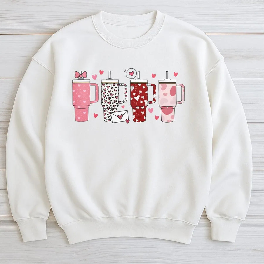 Valentine Tumbler Sweatshirt | Cute Heart Print Graphic Hoodie | Premium Cotton Blend | Romantic Gift for Her & Coffee Lovers
