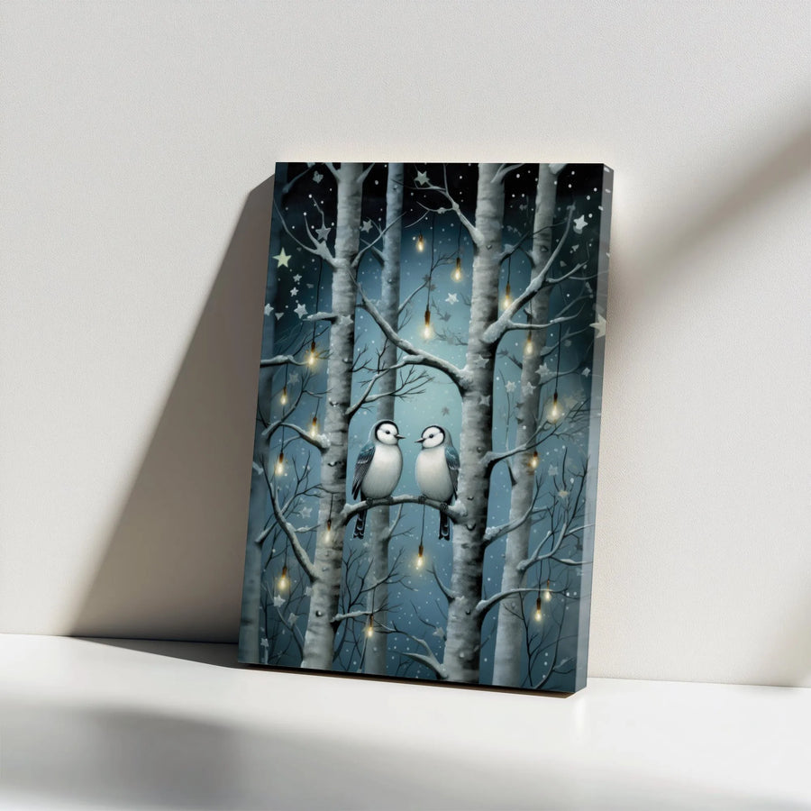Winter Bird Canvas Wall Art | Romantic Snow-Covered Birch Trees with Fairy Lights | Premium Gallery Wrap | Cozy Holiday Home Decor Gift