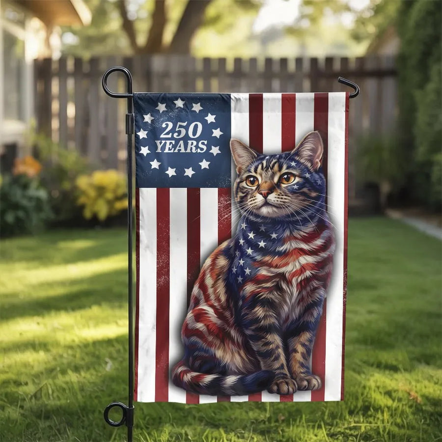 American Flag Cat Garden Flag | 250 Years Patriotic Tabby Cat | Double Sided Polyester | Outdoor Yard Decor Gift for Cat Lovers