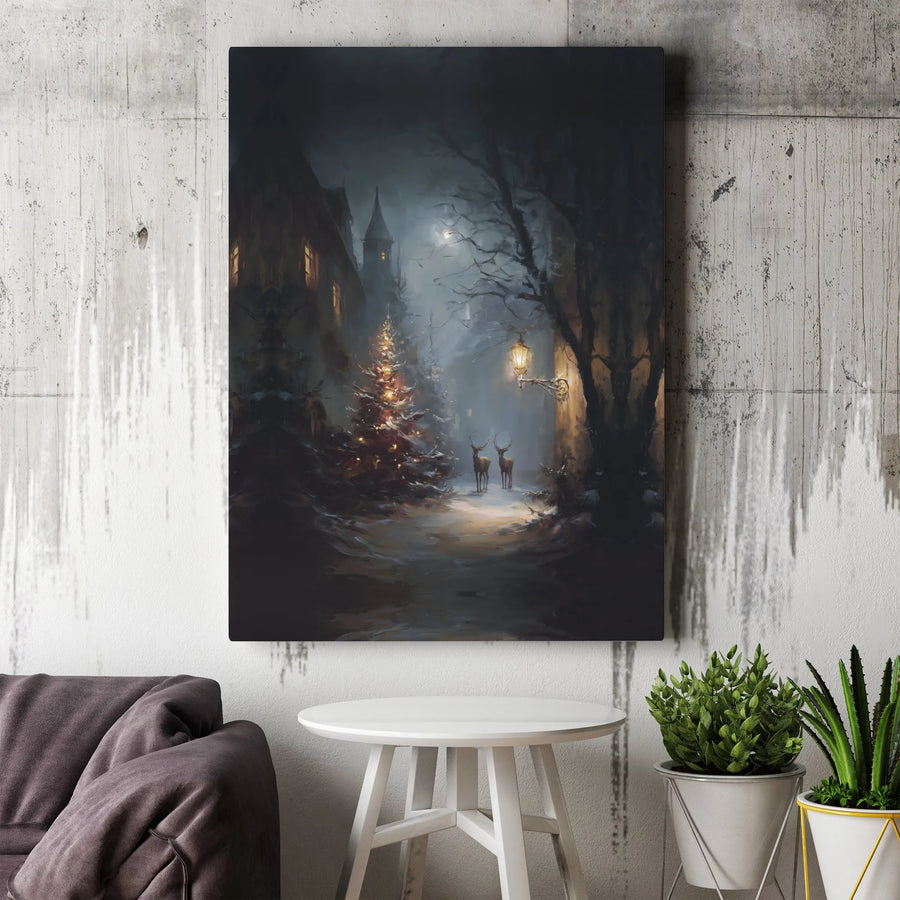 Snowy Christmas Village Canvas Wall Art | Whimsical Deer and Glowing Tree | Gallery Wrapped 1.25" Premium Print | Festive Holiday Home Decor Gift