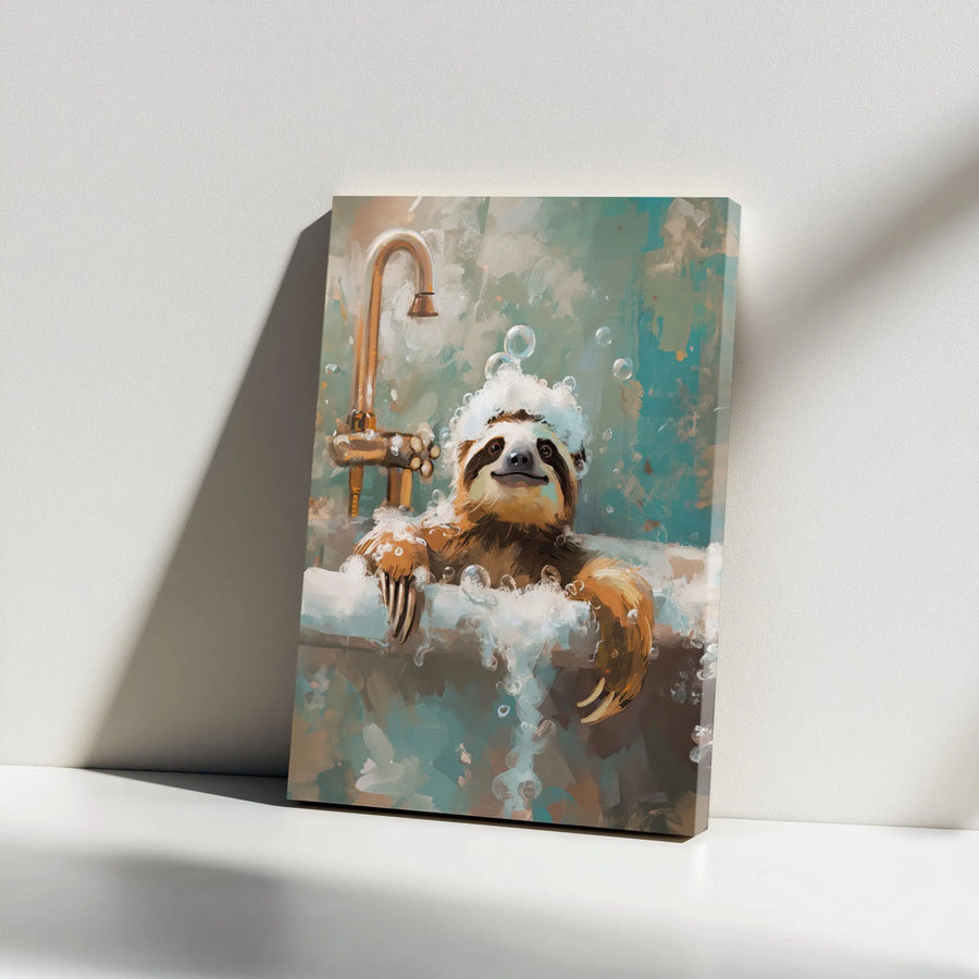 Funny Sloth Bubble Bath Wall Art | Whimsical Bathroom Decor Canvas | Premium Gallery Wrapped Print | Unique Animal Home Decor Gift