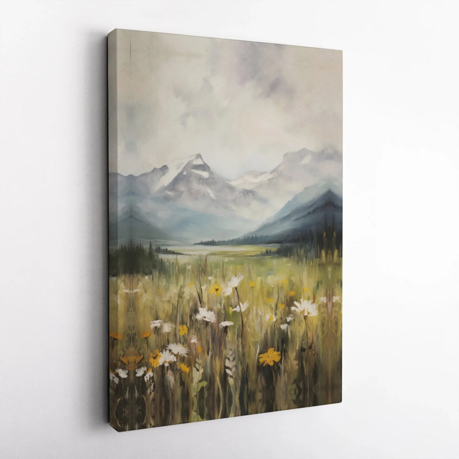 Mountain Wildflower Canvas Art | Misty Valley Landscape Painting | Premium Gallery Wrapped Print | Rustic Home Decor Gift for Nature Lovers