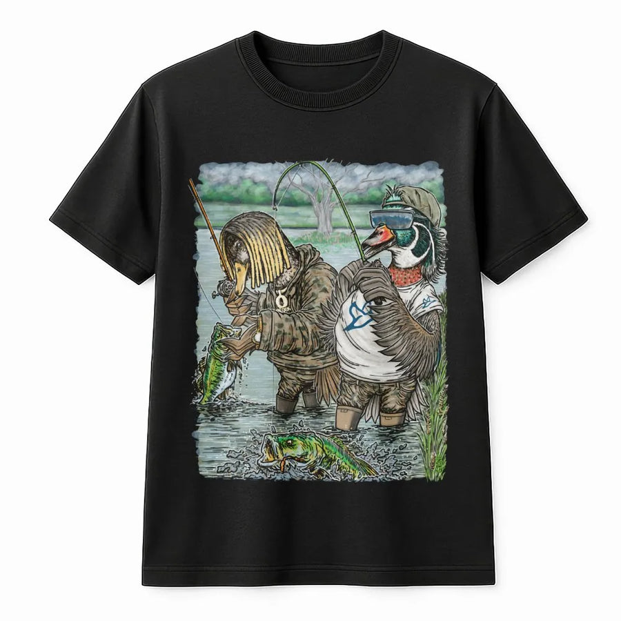 Fishing Duck T-Shirt | Funny Bass Fisherman Cartoon Graphic | Premium Soft Cotton Tee | Unique Gift for Anglers and Duck Hunters
