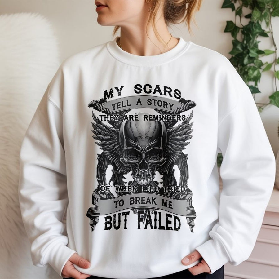 My Scars Tell A Story Sweatshirt | Winged Skull Graphic Tee | Premium Cotton Blend | Inspirational Resilience Gift For Men And Women