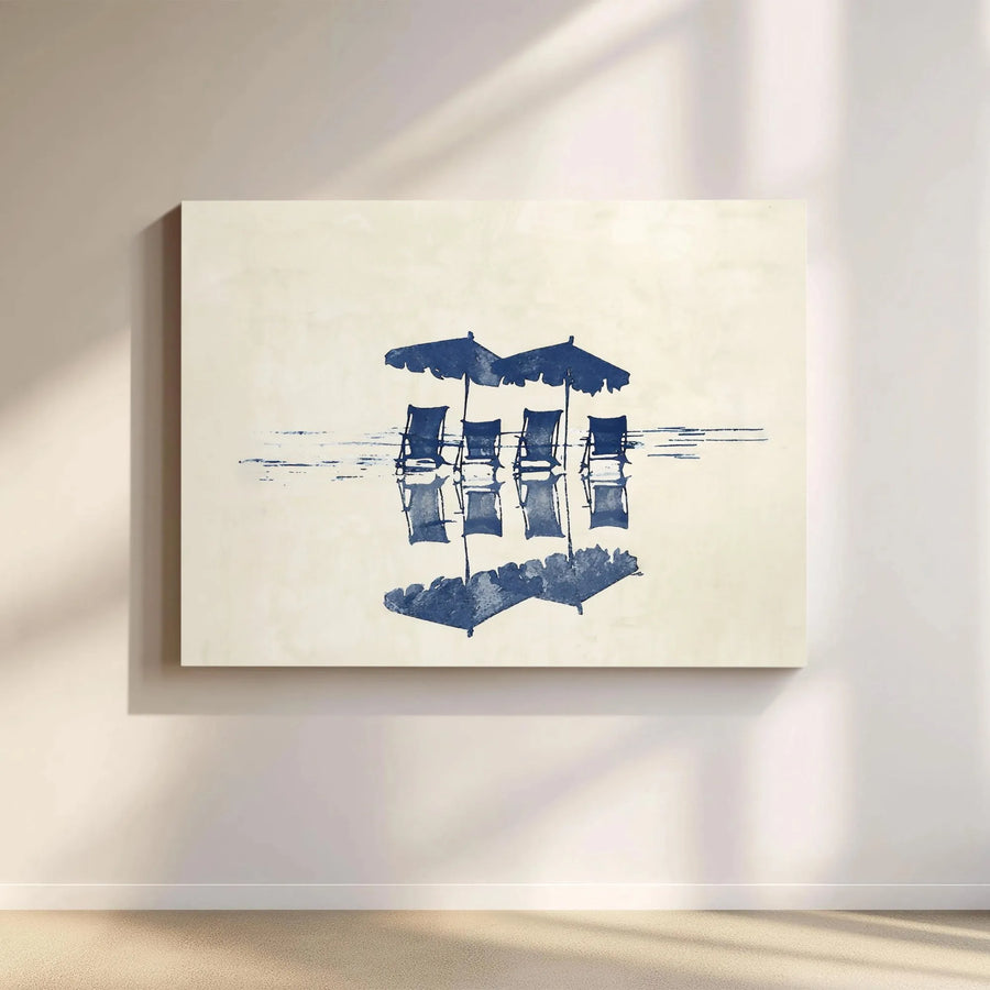 Beach Chairs Watercolor Canvas Print | Coastal Blue Umbrella Wall Art | 1.25 Inch Gallery Wrap | Serene Beach House Decor Gift